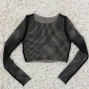 ✨Sparkly Mesh Rhinestone Fabric Long Sleeve Half Top